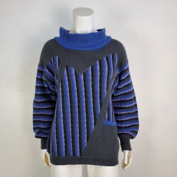 Vintage 80's Annette Gray Blue Mohair Striped Sweater - Picture 1 of 8